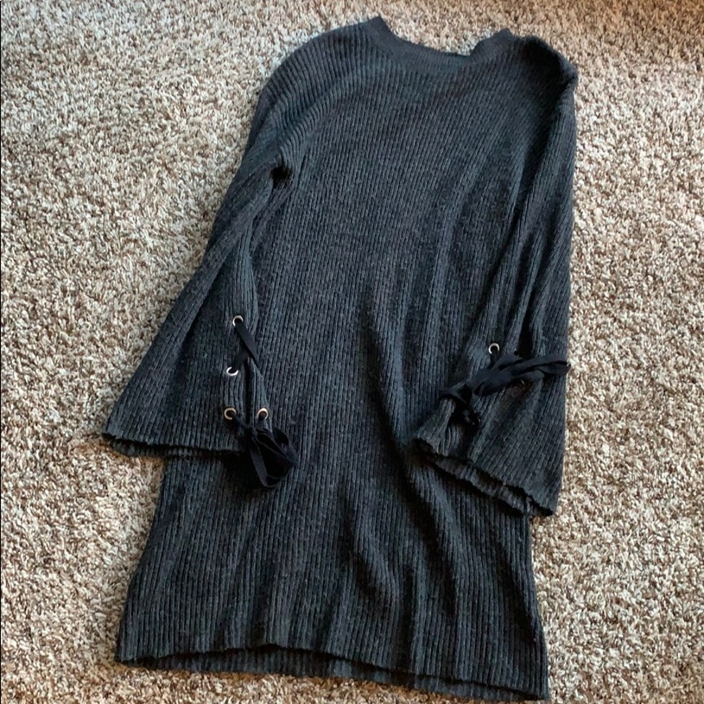 BP. Grey Sweater Dress with lace-Up Bell sleeves